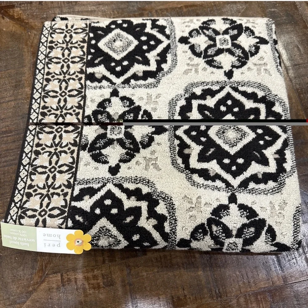Peri Home 3 Pc Moroccan Tiles Black Tan Towels Set: 1 Bath 2 Hand Cotton NWT